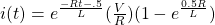 i(t) = e^\frac{-Rt-.5}{L}(\frac{V}{R})(1-e^\frac{0.5R}{L})