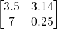 \begin{bmatrix} 3.5 & 3.14 \\ 7 & 0.25 \end{bmatrix}