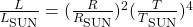 \frac{L}{L\textsubscript{SUN}} = (\frac{R}{R\textsubscript{SUN}})^2(\frac{T}{T\textsubscript{SUN}})^4